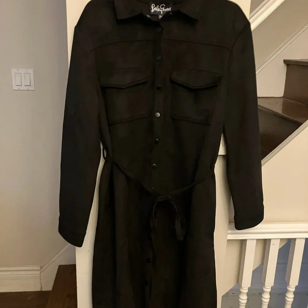 NWOT Lesley Evers Black Suede Shirtdress - Picture 7 of 9